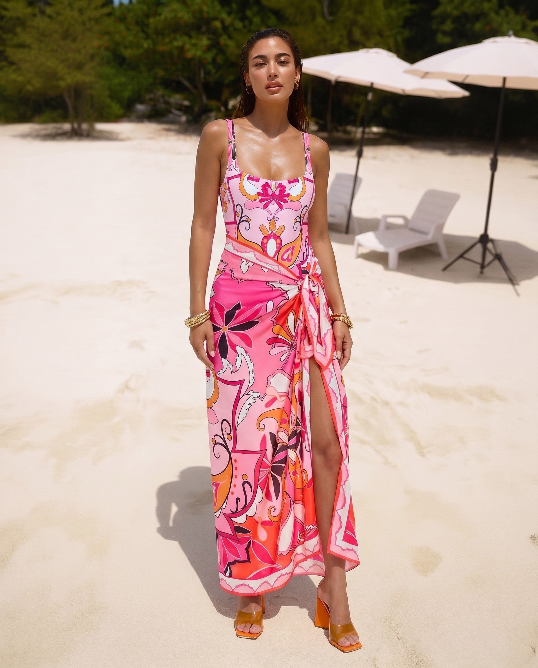 Printed Pink Swimsuit, Sarong and 3 piece