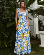 Lemon Print Tie-shoulder One Piece Swimsuit and Sarong or Skirt