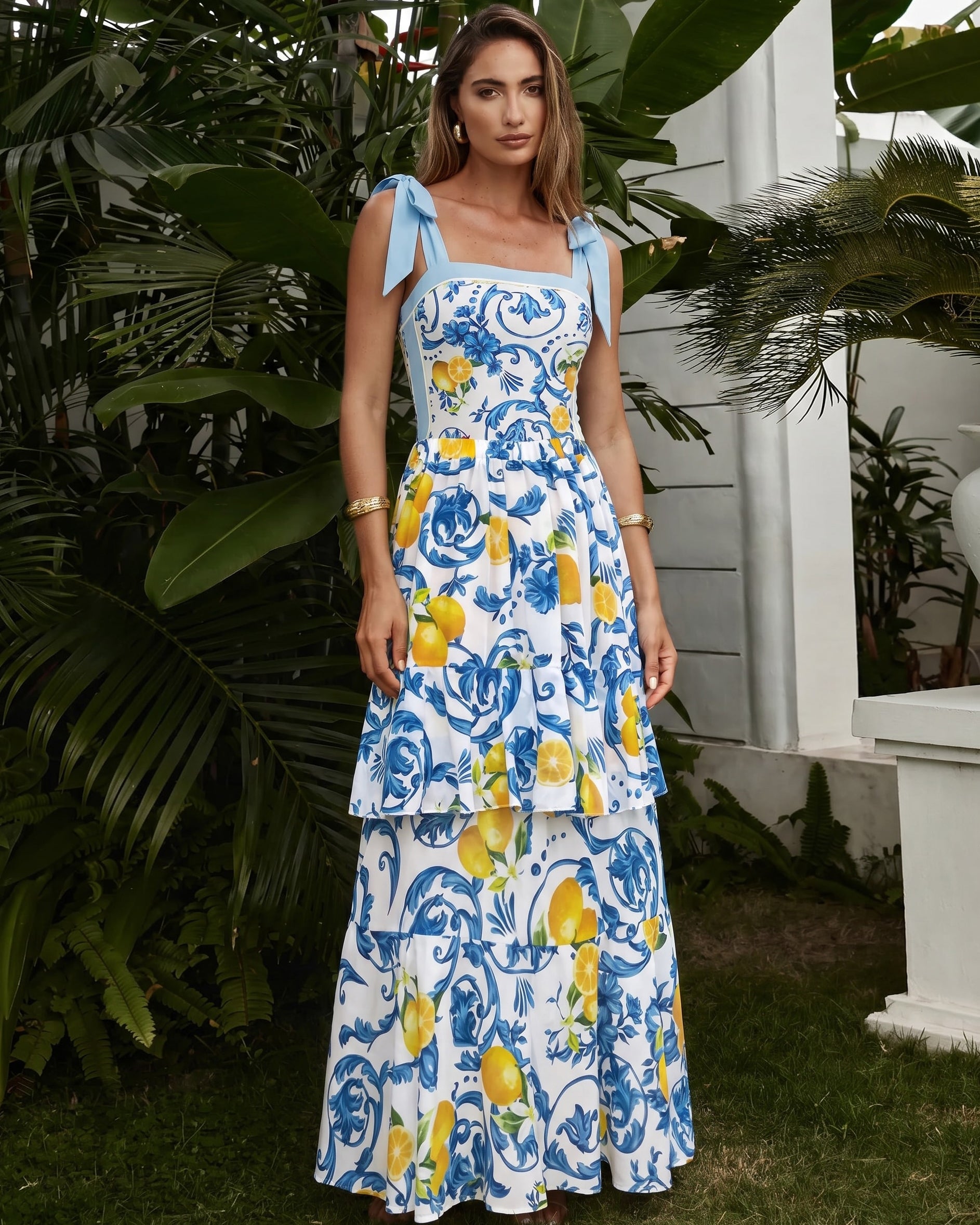 Lemon Print Tie-shoulder One Piece Swimsuit and Sarong or Skirt