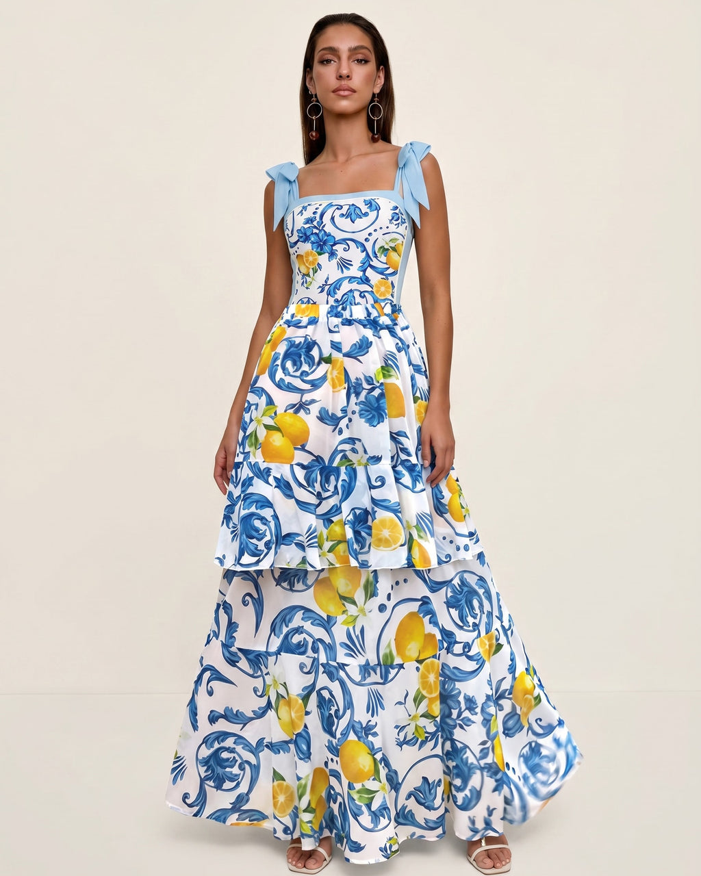 Lemon Print Tie-shoulder One Piece Swimsuit and Sarong or Skirt