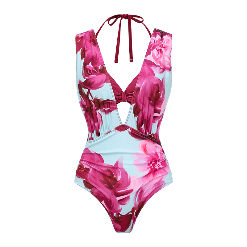 Abstract Floral Printed Swimsuit and Skirt