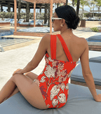 One Shoulder Red Plant Print Swimsuit Set(s)