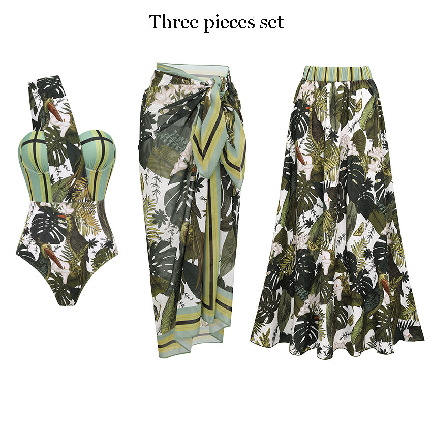 One Shoulder Striped and Leaves Print Swimsuit Set(s)