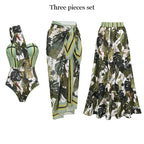 One Shoulder Striped and Leaves Print Swimsuit Set(s)