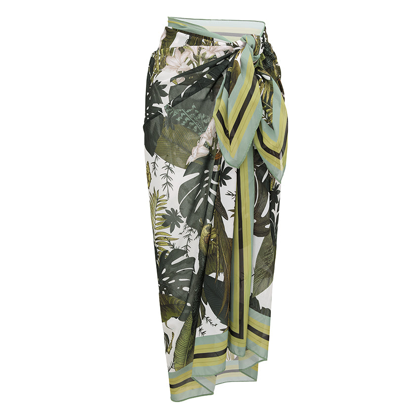 One Shoulder Striped and Leaves Print Swimsuit Set(s)