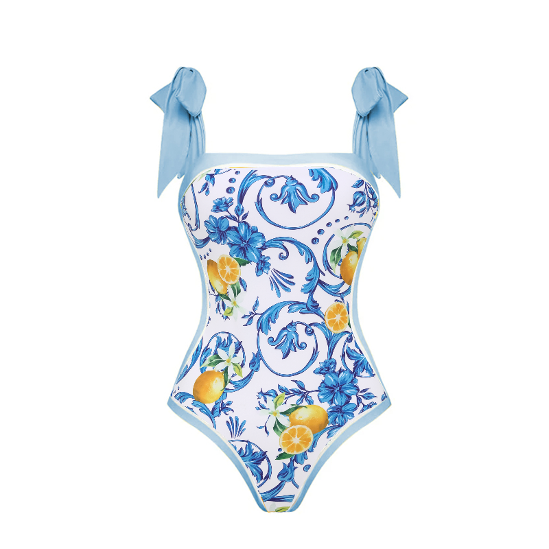 Lemon Print Tie-shoulder One Piece Swimsuit and Sarong or Skirt