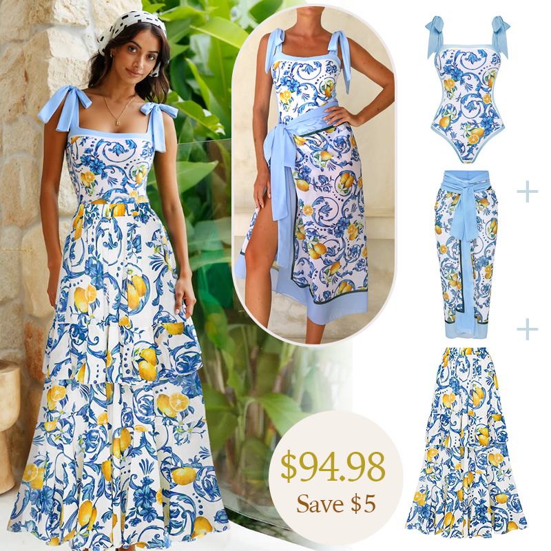 Lemon Print Tie-shoulder One Piece Swimsuit and Sarong or Skirt