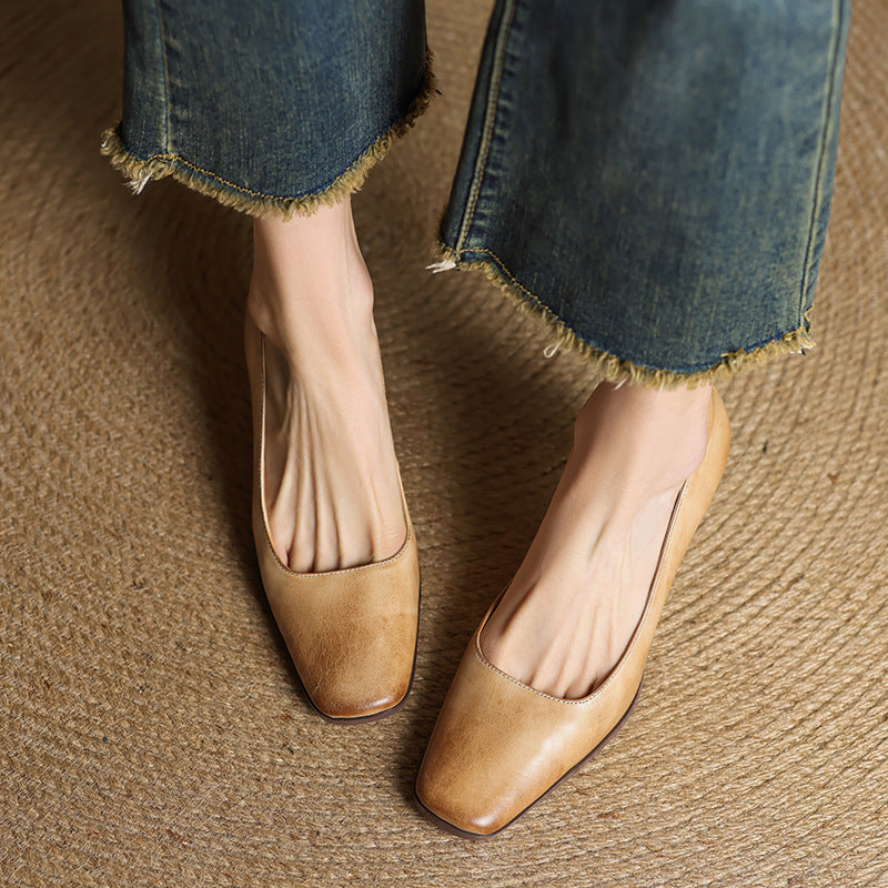 Elviera Square-Toe Leather Heels