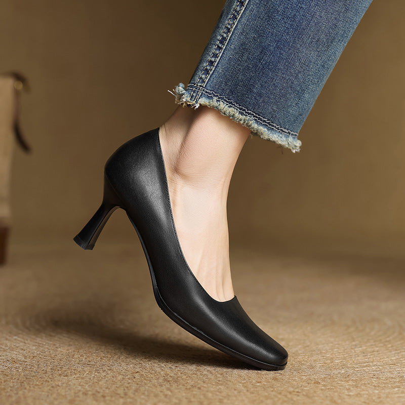 Elviera Square-Toe Leather Heels
