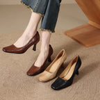 Elviera Square-Toe Leather Heels