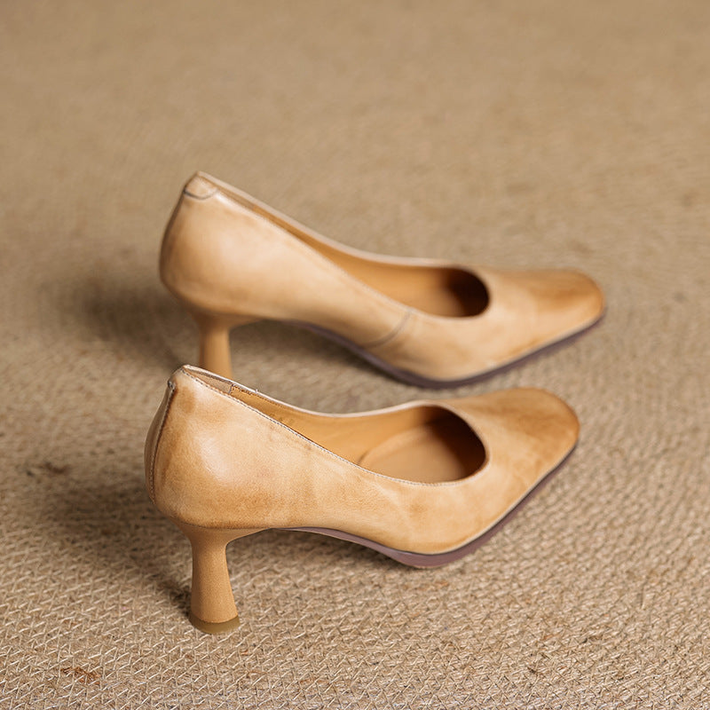 Elviera Square-Toe Leather Heels