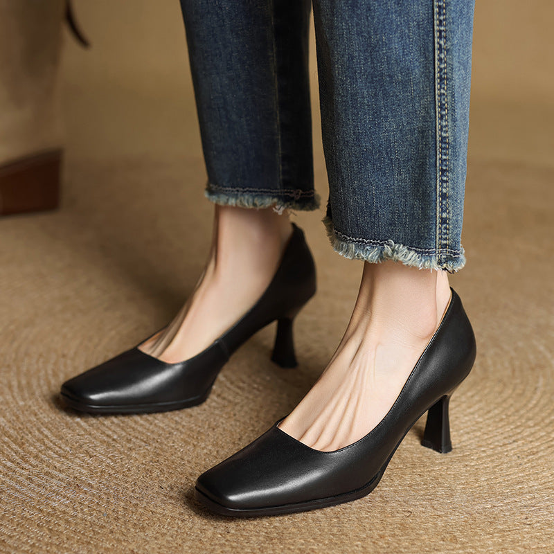 Elviera Square-Toe Leather Heels