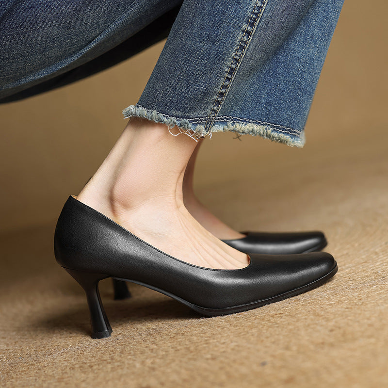 Elviera Square-Toe Leather Heels