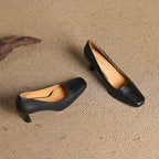 Elviera Square-Toe Leather Heels