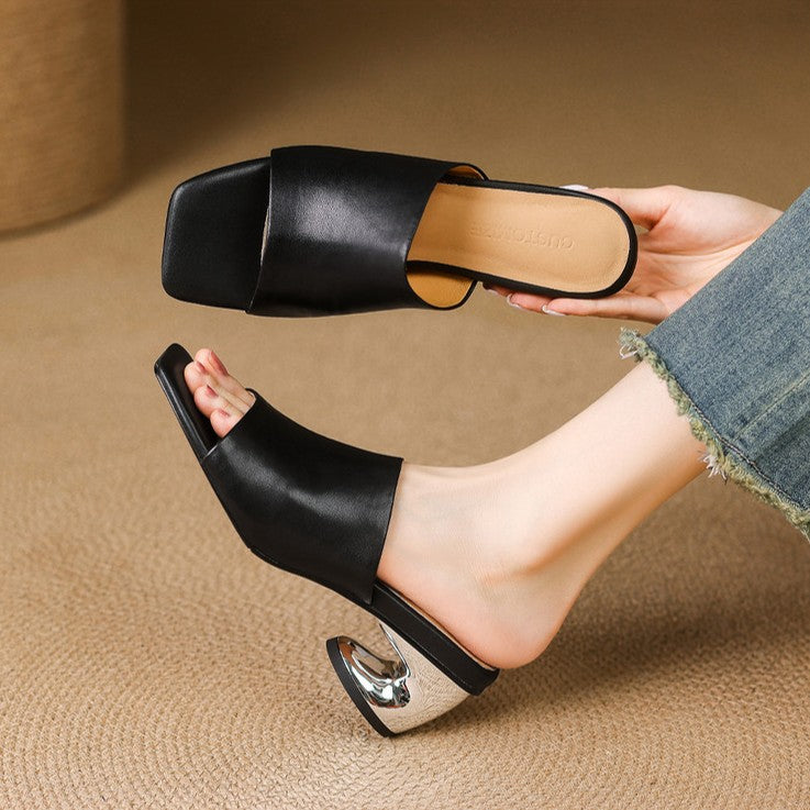 Virelle Curved Leather Slip-On Heels