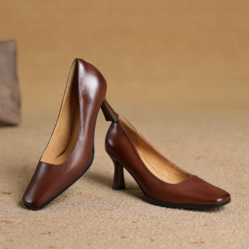 Elviera Square-Toe Leather Heels