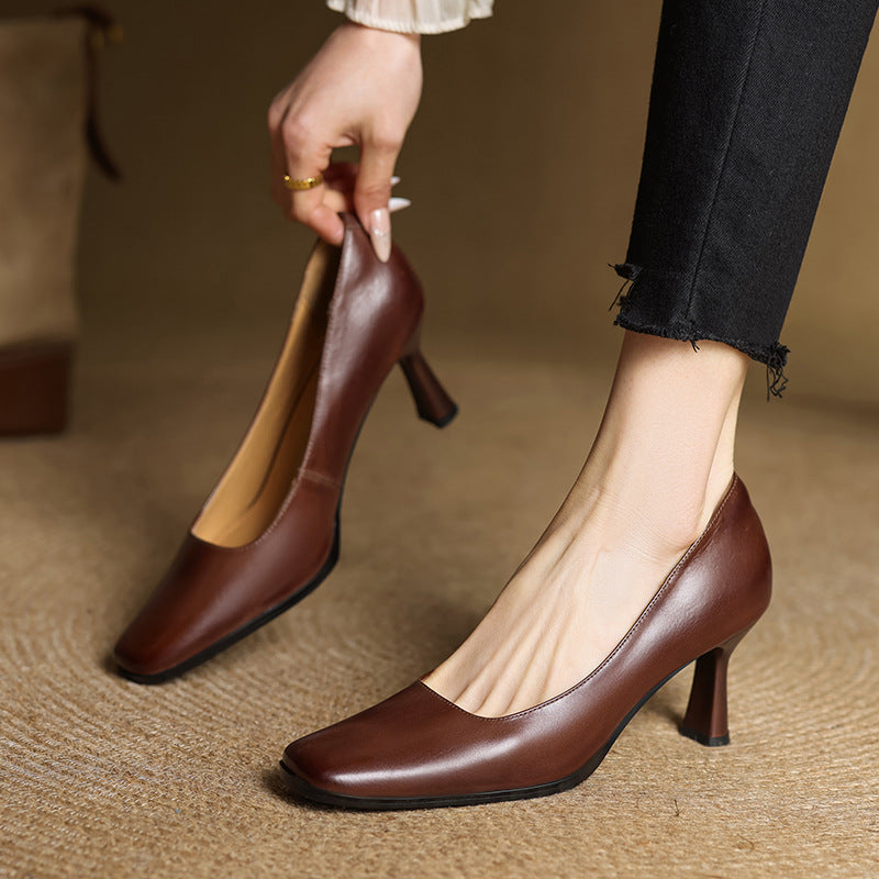 Elviera Square-Toe Leather Heels