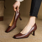Elviera Square-Toe Leather Heels