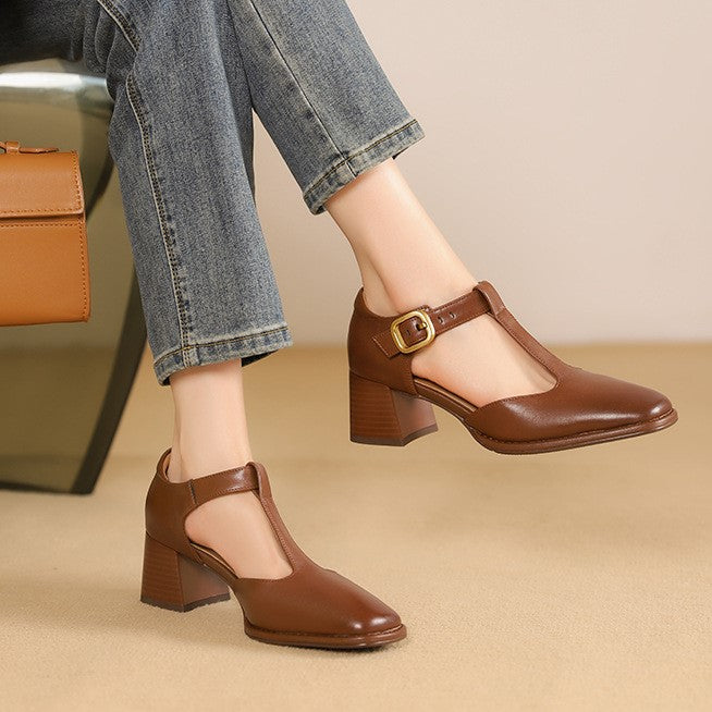 Marcele T-Strap Leather Heels