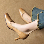 Elviera Square-Toe Leather Heels
