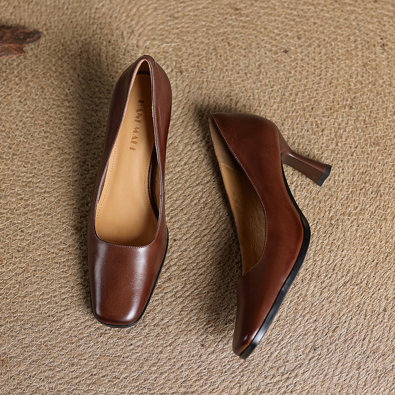 Elviera Square-Toe Leather Heels