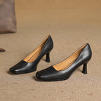 Elviera Square-Toe Leather Heels