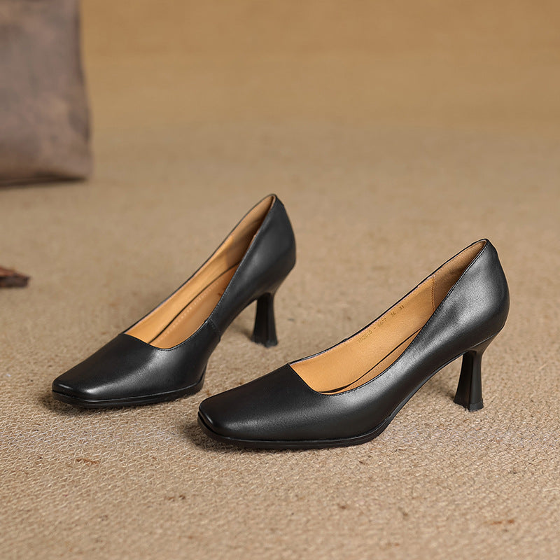 Elviera Square-Toe Leather Heels