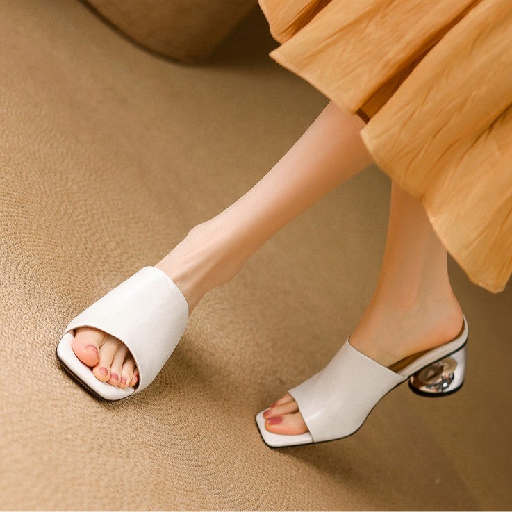 Virelle Curved Leather Slip-On Heels