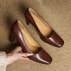 Elviera Square-Toe Leather Heels