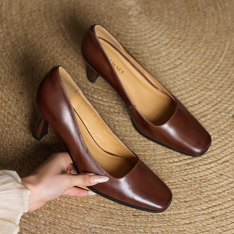Elviera Square-Toe Leather Heels