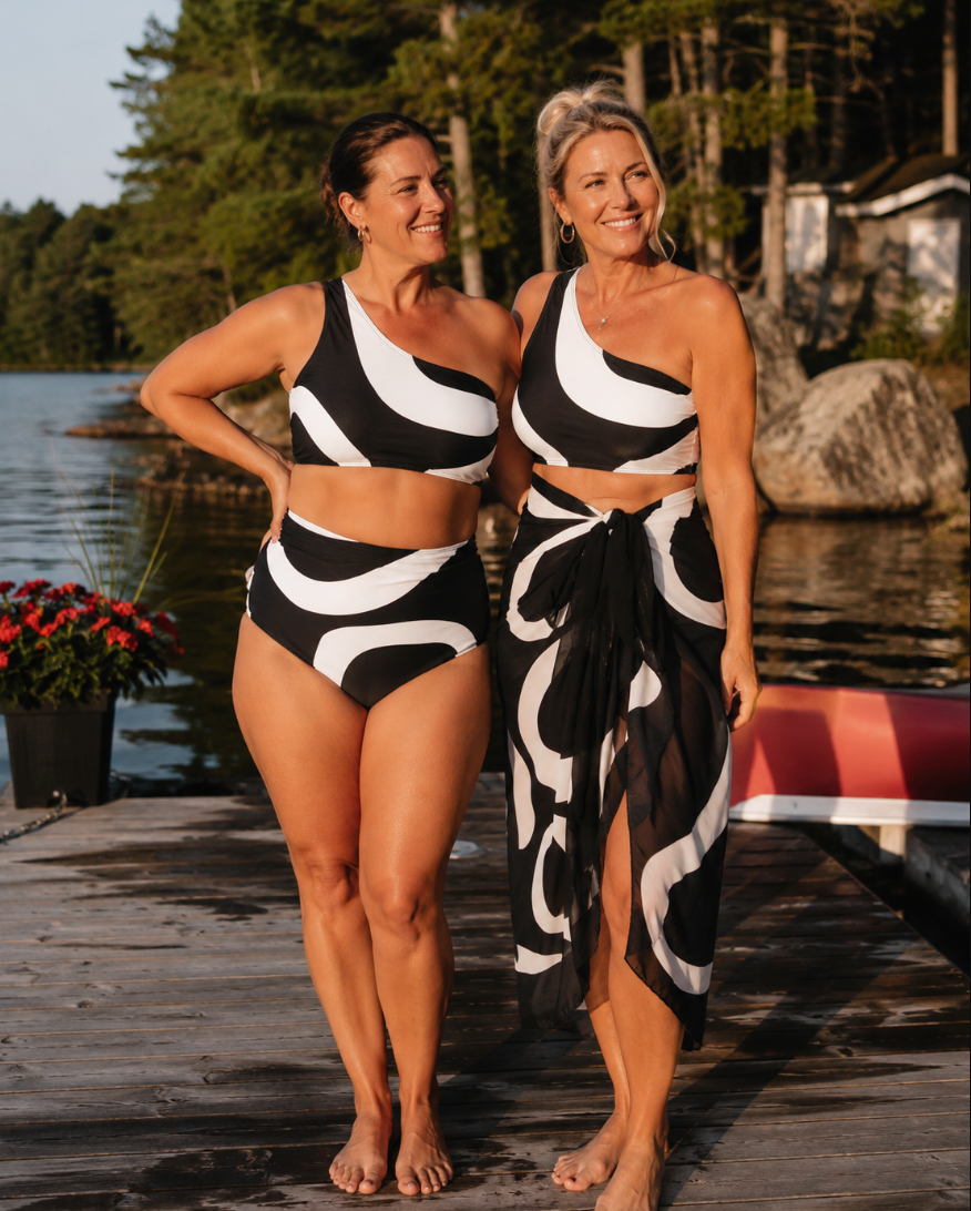 Swimwear with Sunprotective Sarong (Monochrome Wave)
