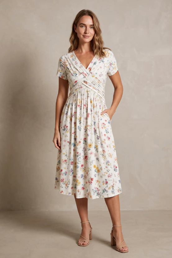 Women's V-Neck Floral Print Dress with Twist Waist