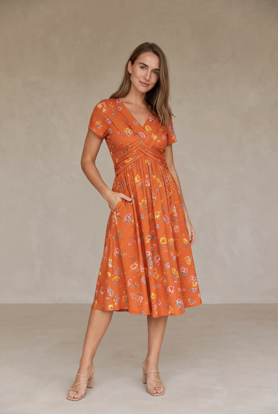 Women's V-Neck Floral Print Dress with Twist Waist