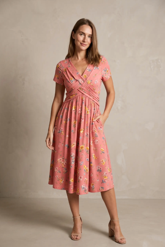 Women's V-Neck Floral Print Dress with Twist Waist