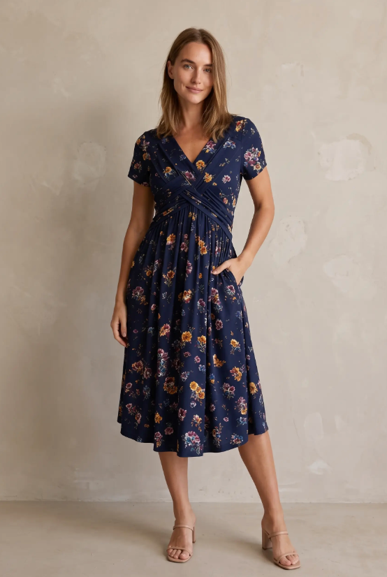 Women's V-Neck Floral Print Dress with Twist Waist