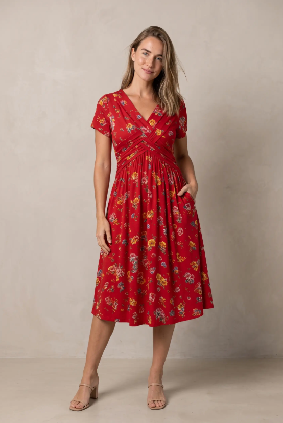 Women's V-Neck Floral Print Dress with Twist Waist