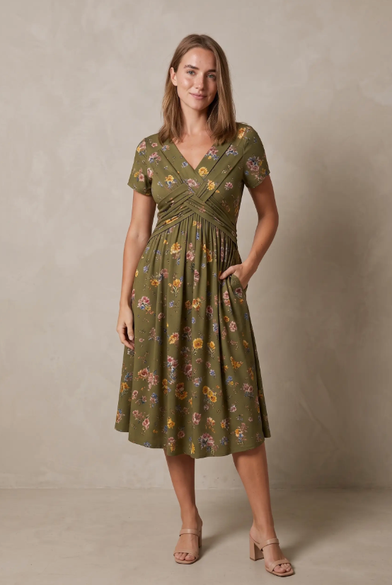 Women's V-Neck Floral Print Dress with Twist Waist
