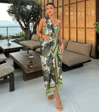 One Shoulder Striped and Leaves Print Swimsuit Set(s)