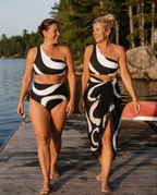 Swimwear with Sunprotective Sarong Monochrome Wave, lifestyle walking pose