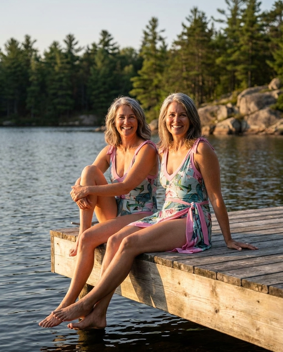 Swimwear with Sunprotective Sarong Pink Paradise, lifestyle seated at water edge