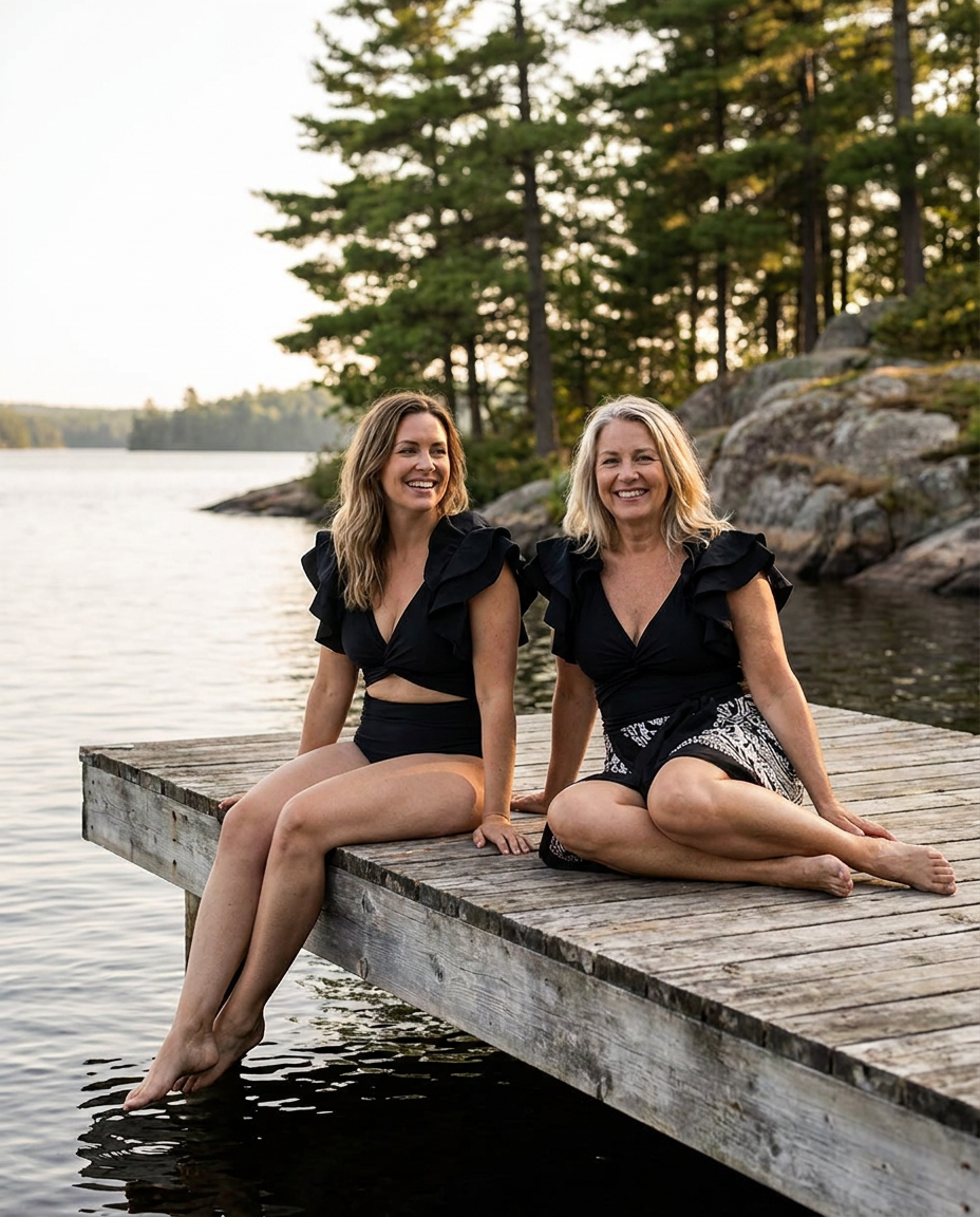 Swimwear with Sunprotective Sarong Onyx Lace, lifestyle seated at water edge