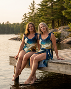Swimwear with Sunprotective Sarong Blue Lily, lifestyle seated at water edge