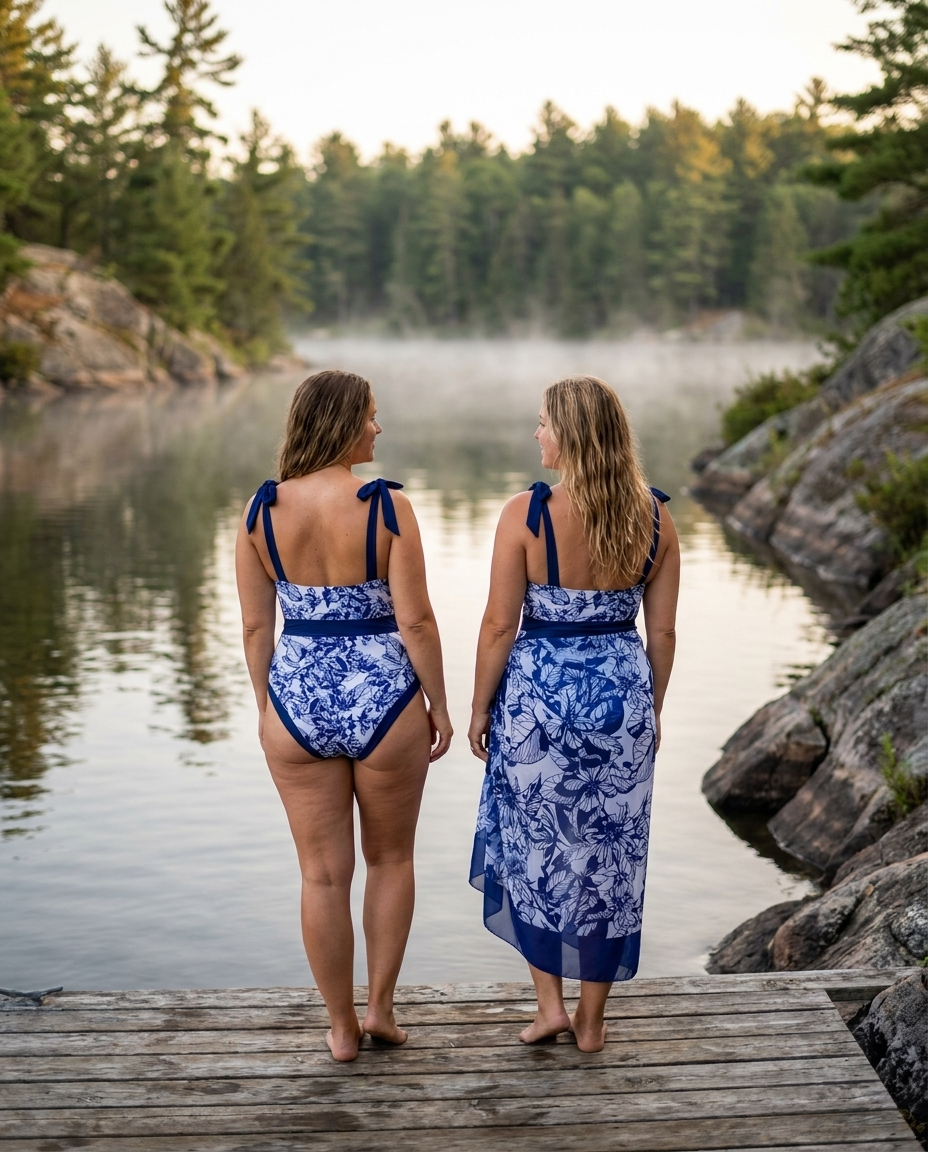 Swimwear with Sunprotective Sarong Blue Willow, lifestyle back view