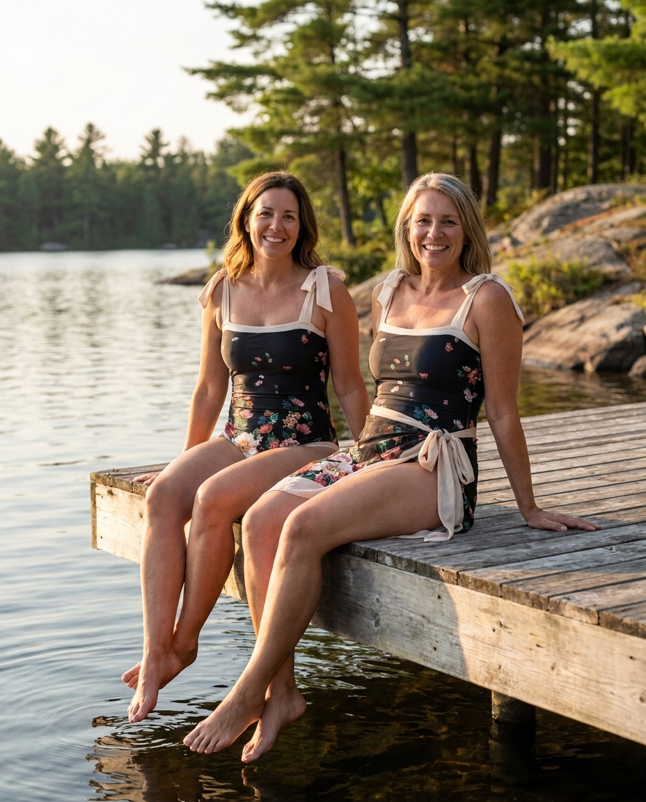 Swimwear with Sunprotective Sarong Ivory Noir, lifestyle seated at water edge