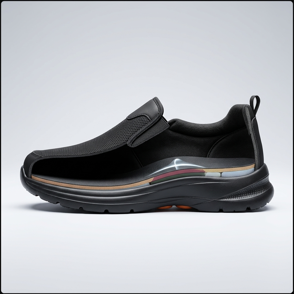 Finn slip-on orthopedic shoe cutaway cushioning arch support