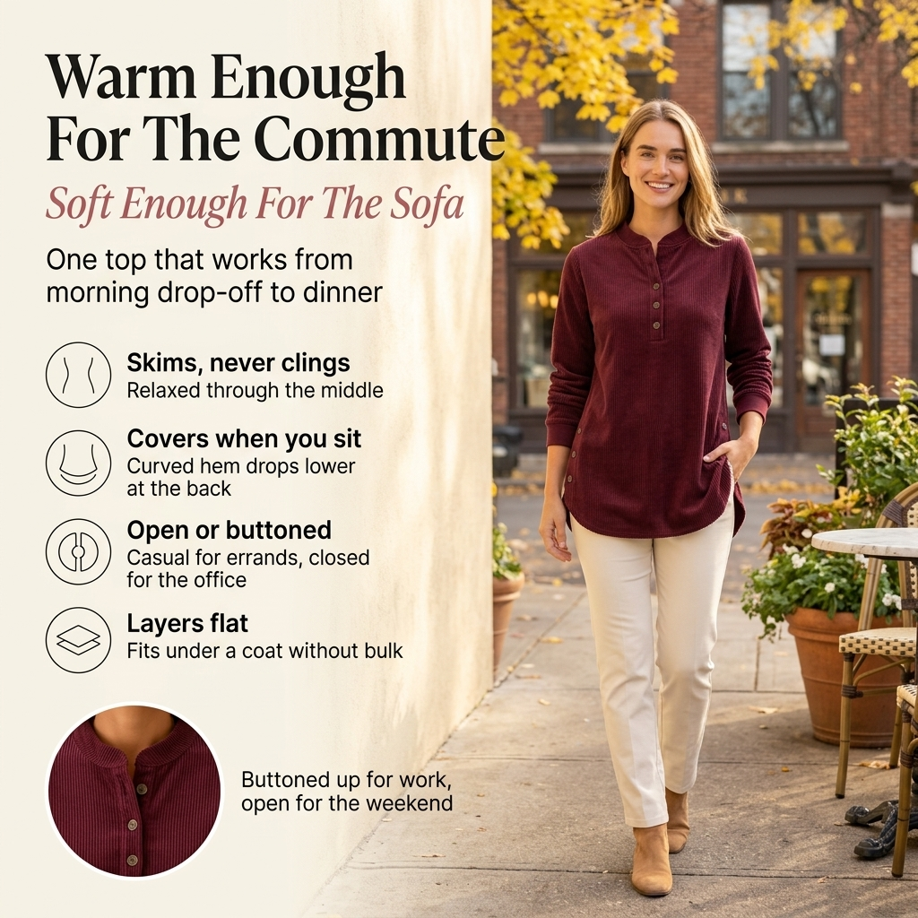 Neris corduroy top burgundy, warm enough for the commute