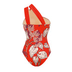 One Shoulder Red Plant Print Swimsuit Set(s)